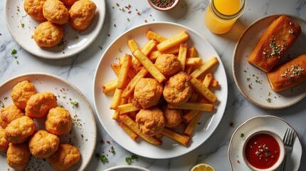 Delicious fried snacks and fries restaurant table food photography indoor dining top-down view culinary delight