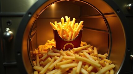 Golden french fries served in a container fast food restaurant photo indoor close-up delicious snack