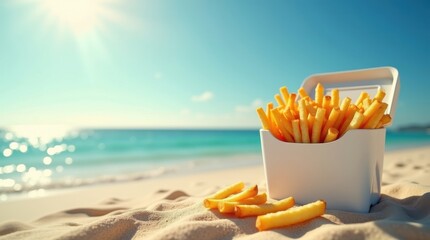 Enjoying crispy french fries at the beach tropical paradise food photography sunny environment relaxed viewpoint