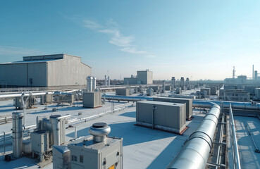 Fototapeta na wymiar Industrial installations on manufacturing plant roof. Mechanical systems, air conditioning, ventilation, exhaust, filtration, handling on building rooftop. Modern smart infrastructure for efficient