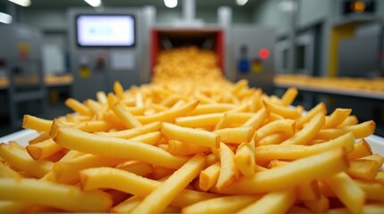 Production line of golden french fries in a fast food facility industrial setting high-volume processing close-up view