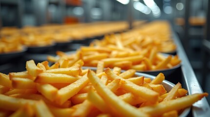 Batch production of crispy french fries in fast-paced food processing plant industrial setting close-up view