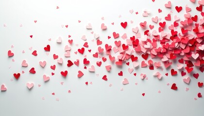 Illustration cascade of red hearts on white background. Romantic composition for Valentine Day, wedding, love themes. Hearts of different sizes and shades, top view, design.