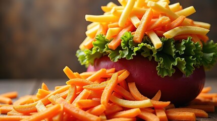 Preparing fresh vegetable salad with carrots and lettuce in a rustic kitchen environment