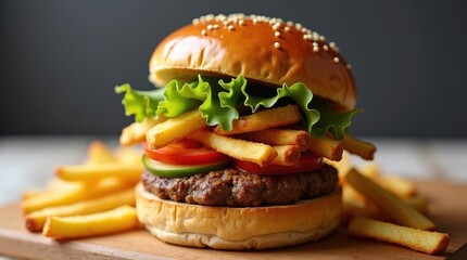 Delicious burger and fries restaurant food photography indoor dining close-up view culinary experience