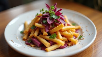 French fries delight restaurant table food photography indoor setting close-up shot culinary art