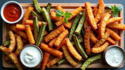 Crispy vegetable fries kitchen food photography modern setting top-down view healthy snack ideas