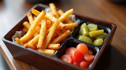 Delicious french fries with fresh vegetables restaurant table food photography indoor setting close-up culinary presentation