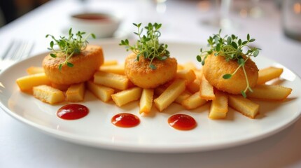 Crispy potato fries accompanied by flavorful croquettes restaurant food photography culinary delight top-down view gourmet experience