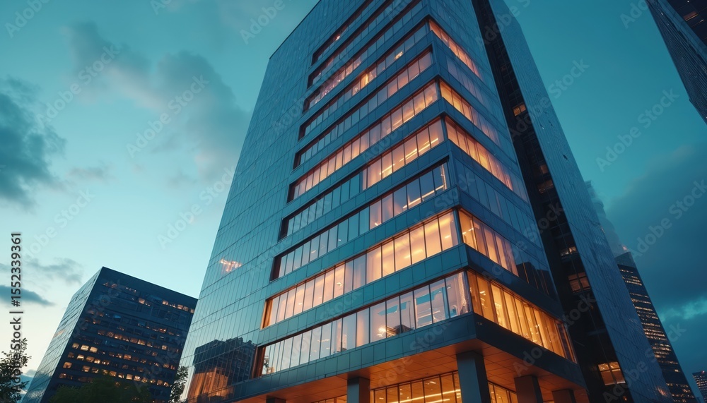 Poster modern office skyscraper glows at dusk. illuminated windows reflect cityscapes. contemporary archite