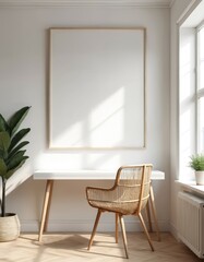 Fototapeta premium Blank wall mockup in white interior. Modern living room design, wooden furniture. Empty frame, chair, table, plants, window, parquet floor, cozy home, scandinavian style decor. Minimalist mockup for