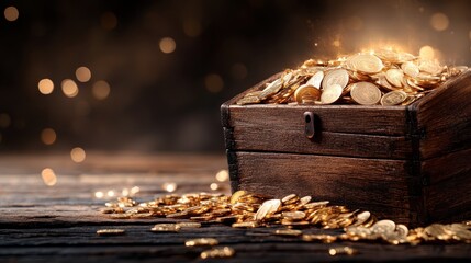 An attractive wooden treasure chest filled to the brim with shining gold coins, capturing the essence of wealth, treasure, and the allure of adventure and discovery.