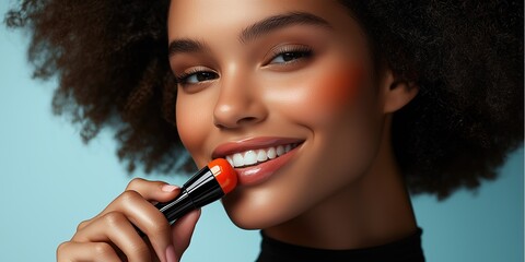 Obraz premium Beautiful young woman smiling and applying orange lipstick for beauty, cosmetics, and skincare advertising.