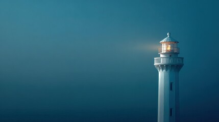 Lighthouse Day. A white navigational beacon lit against a foggy blue background.