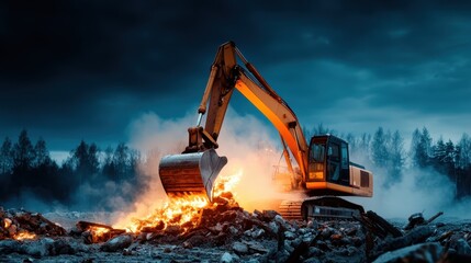 An excavator is depicted at work in a smoky landscape, engaging with flames, symbolizing destruction and industrial power in a haunting yet captivating manner.