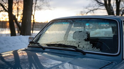 Obraz premium Frost patterns on vintage car window in winter sunset scene
