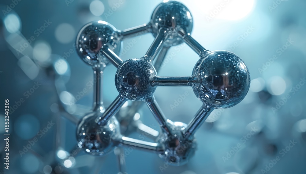 Poster Close-up molecular structure resembling buckyball with metallic finish. Futuristic concept of nanotechnology. Innovation in tech research science. Modern design in lab atmosphere.