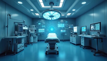 Modern operating room with advanced tech, cloud data visualization. Seamless healthcare management, medical, surgery, patient workflow. Monitors, equipment, platform, support and analysis.