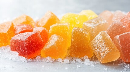 This delightful image presents an assortment of colorful jelly candies glistening on a cool surface, evoking feelings of nostalgia, joy, and the fun of childhood treats.