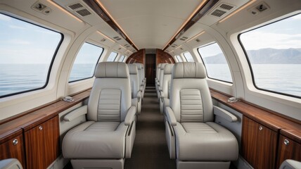 Luxurious private jet interior with leather seating overlooking ocean scenery