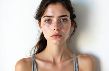 Portrait of sad young woman with freckles looking directly at camera. Brunette with natural makeup. Expressing various emotions, she is upset with problems, stress, pain. Casual style.