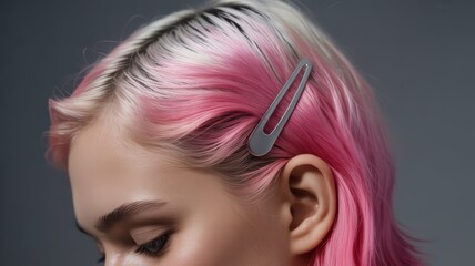 Fototapeta premium Young caucasian female with pink hair and hair clip, close-up profile