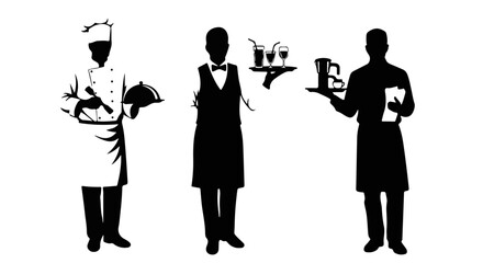 Silhouettes present a restaurant team including a chef, waiter, and server in simple black and white graphics