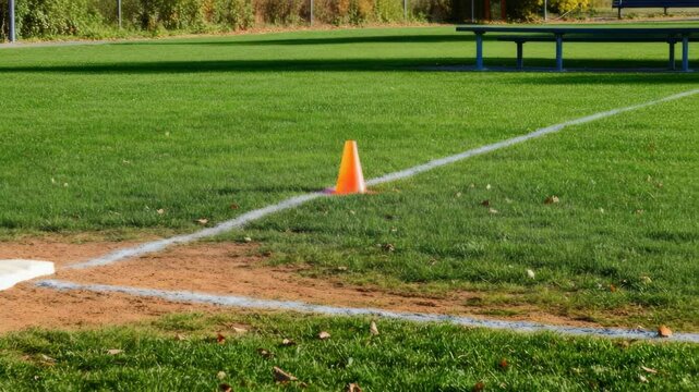 Baseball field with orange cone on grass near base
