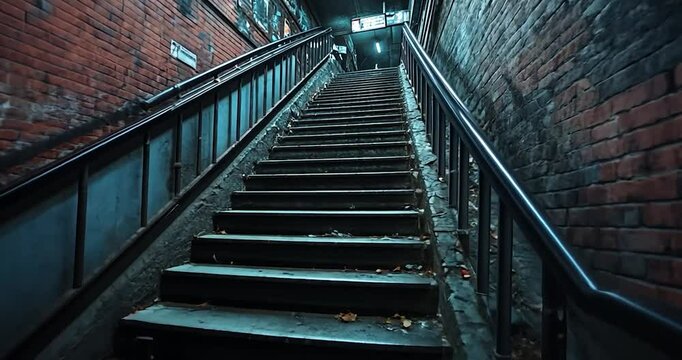 Video footage of a dark underpass stairway with red brick walls metal railing and dim overhead lighting. The scene has a moody atmosphere with a sense of urban decay