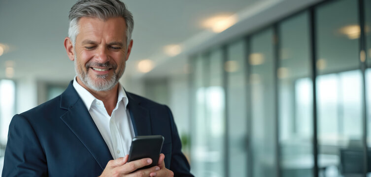 Mature businessman using smartphone in modern office environment. Middle aged man trading online using mobile app. Digital tech application, solutions for business. Happy senior CEO, entrepreneur,