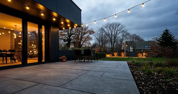 Exterior view of modern home at dusk with string lights illuminating the patio and lawn a dark building with trees and sky in the background video