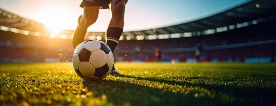 A close-up of a soccer player about to kick a ball in a stadium at sunset symbolizing action, sport, and the excitement of the game