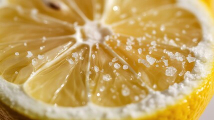 Close-up of lemon slice with sea salt crystals in focus