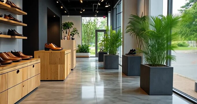 Interior view of a modern shoe store featuring wooden shelves displays and large windows showcasing outdoor greenery and potted plants