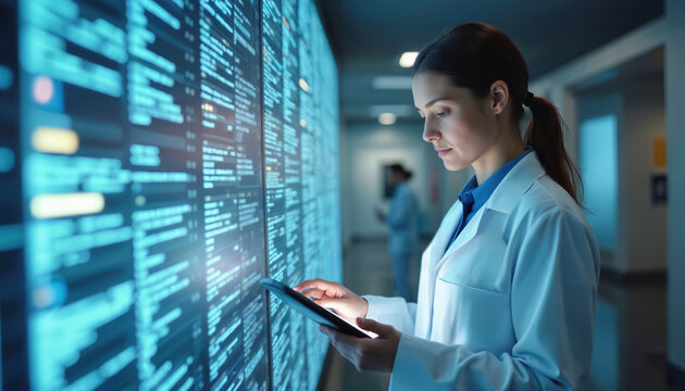 Medical worker works with electronic database, data access, storage, digital tech. Woman doctor in lab coat uses tablet with virtual interface. Big data, innovation, future of medicine. Healthcare