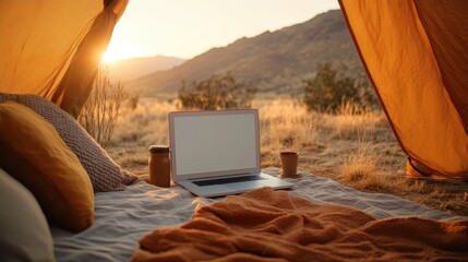 This image captures a serene campsite featuring a cozy tent with a laptop and warm drinks, perfectly positioned to enjoy a stunning sunset and natural surroundings.