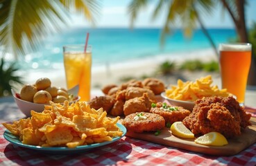 American fast food meal on beach picnic table, fried chicken, fries, lemon, appetizers. Tropical vacation scene with blue ocean, beer drink, cocktail. Summer lifestyle. Food photo.