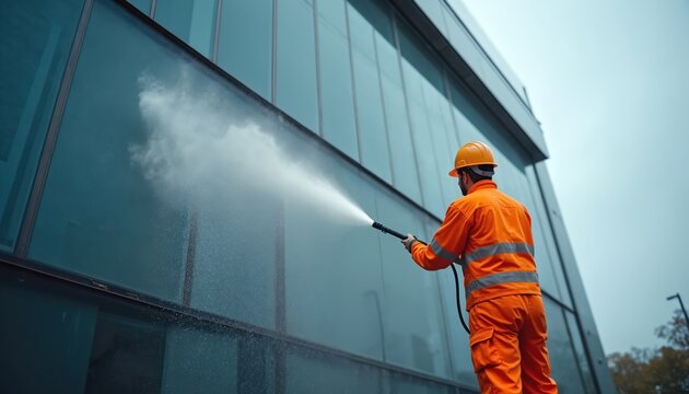 Construction worker cleans modern building exterior with pressure washer. Man in orange safety clothes with helmet washes glass facade. Hygiene, cleaning services. Pro workplace, maintenance - Powered by Adobe