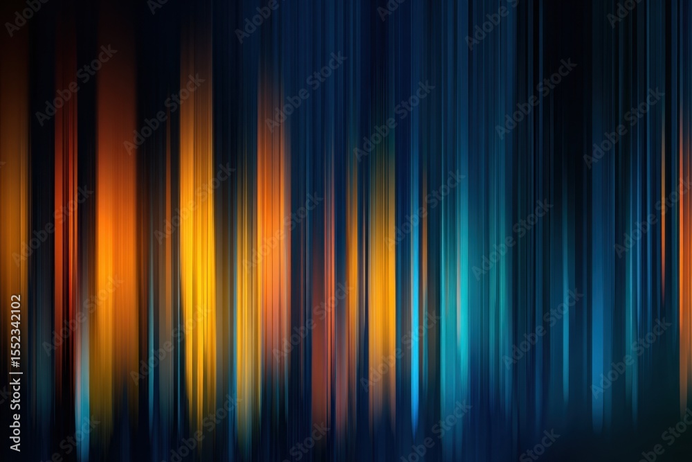 Poster dark blue background with vertical lines of orange and cyan lights, creating an abstract gradient ef
