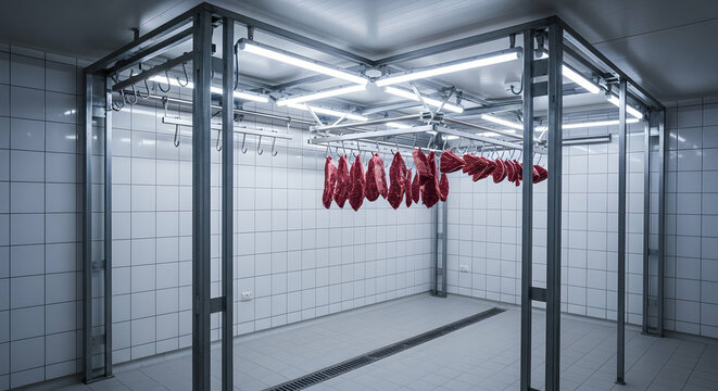 Fresh Meat Storage Room In A Butchers Shop Or Food Processing Plant - Powered by Adobe
