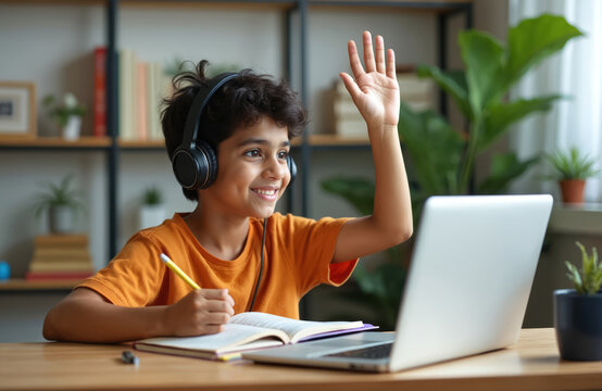 Young Indian kid in online class at home. Boy using laptop, smiles, raises hand, and studies. E-learning concept, remote education, digital learning. Happy child in headset studies remotely.