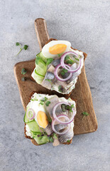 Danish smorrebrod with herring, egg, cucumber and red onion on rye bread on a wooden board. Top view