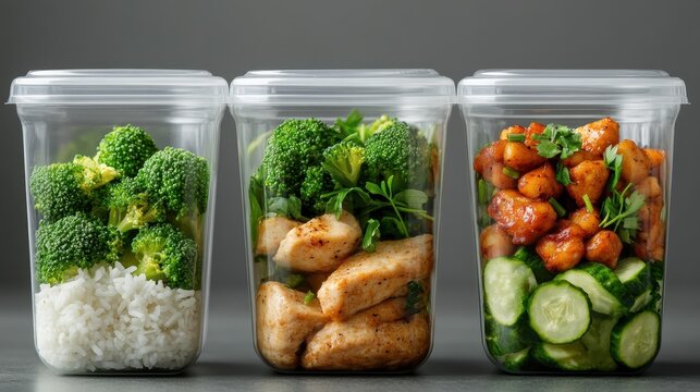 This image showcases three clear containers filled with healthy meal prep items featuring broccoli, chicken, rice, and cucumber for a nutritious diet.