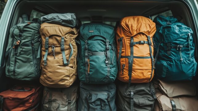 An array of vibrant backpacks packed neatly in a vehicle, showcasing the excitement of anticipation for outdoor adventures, symbolizing readiness and exploration in nature.