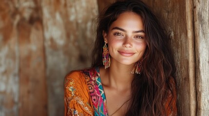 Fototapeta premium A joyful woman with long wavy hair and freckles exudes natural beauty in a rustic setting, creating a warm and inviting atmosphere that's perfect for lifestyle photography.