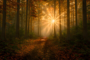 Naklejka premium Sunlight shining through tree canopy in a forest with scattered leaves covering the forest floor and warm natural tones