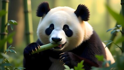 Panda bear eating a bamboo branch while calmly sitting and enjoying the quiet atmosphere in a natural outdoor setting