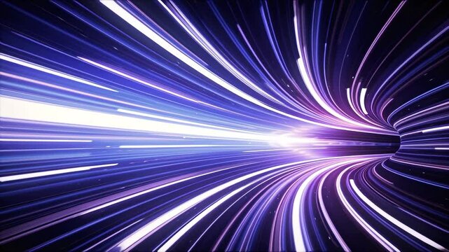First-person perspective inside an ultra-fast futuristic energy tunnel, extreme hyperspeed sensation, with intense glowing streams of blue, violet, and purple energy streaking past at high velocity. 