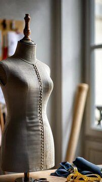 Tailoring craftsmanship: elegant dress form and sewing tools in lightfilled studio