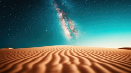 A serene desert landscape under a vibrant starry sky, capturing the beauty of nature juxtaposed with the vastness of the cosmos in a dreamy twilight atmosphere.